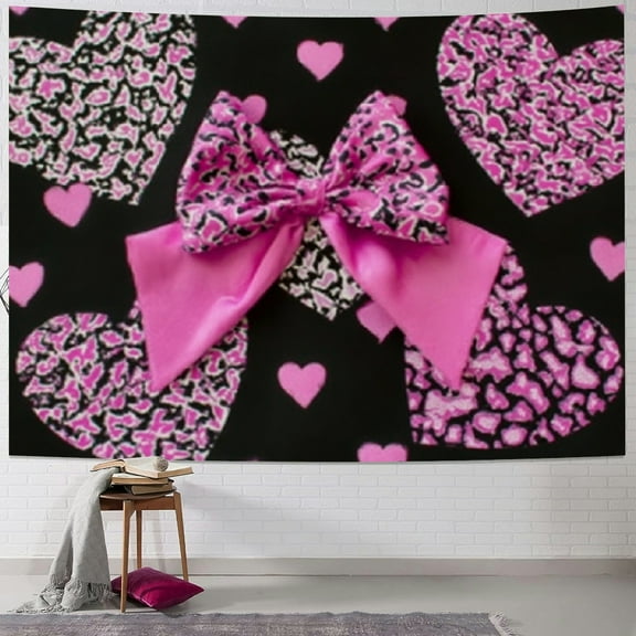 BCIIG Pink Heart Black And White Bow Tapestry Wall Hanging Art 40x30inch