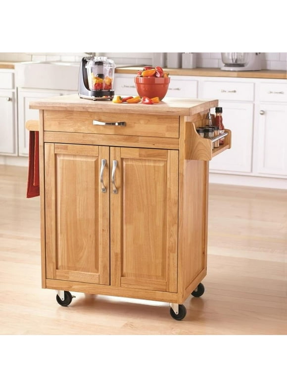 Mainstays Kitchen Island Cart with Drawer, Spice Rack, Towel Bar, Butcher Block Top, Natural