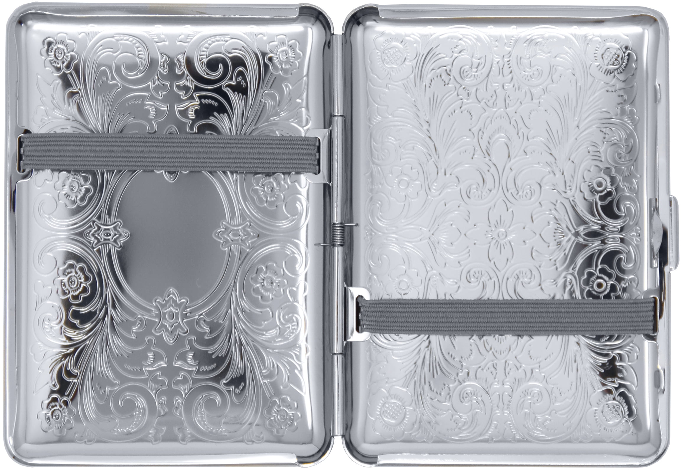 Set of 2 Compact Metal-Plated King Size Cigarette Case With Elastic Bands  (Silver Victorian Scroll)
