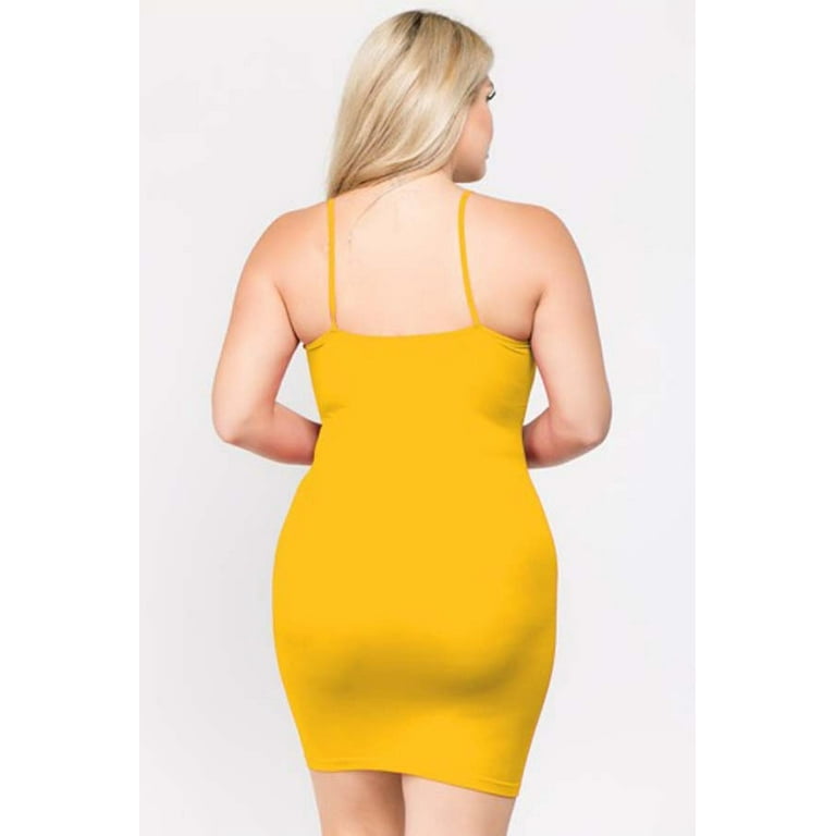 Women s Plus Size Seamless Spaghetti Strap Cami Slip Bodycon Tank Dress Mustard 95 Polyester 5 Spandex