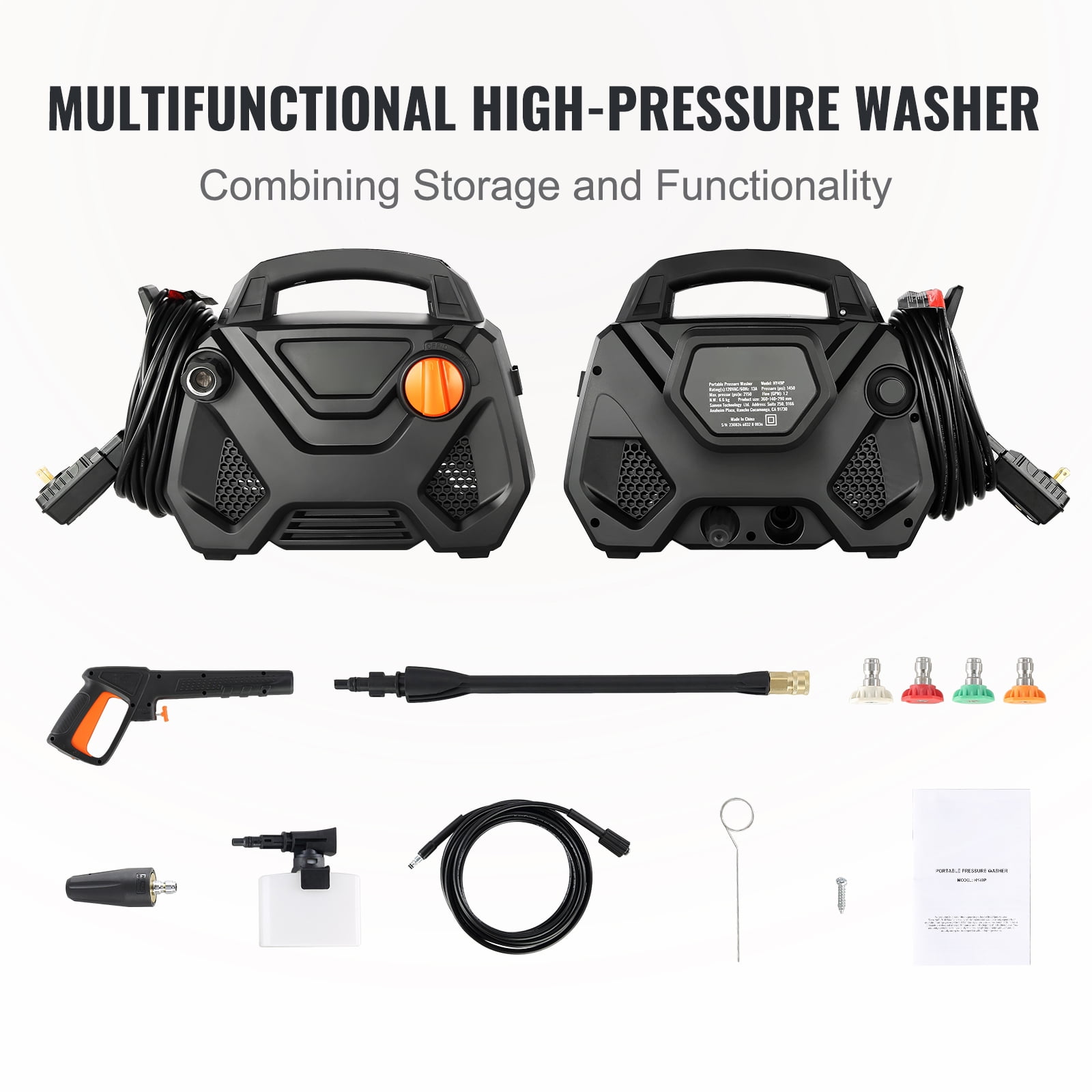 BENTISM 2150 PSI at 1.85 GPM Electric Cold Water Pressure Washer, Built-in Storage for Nozzles