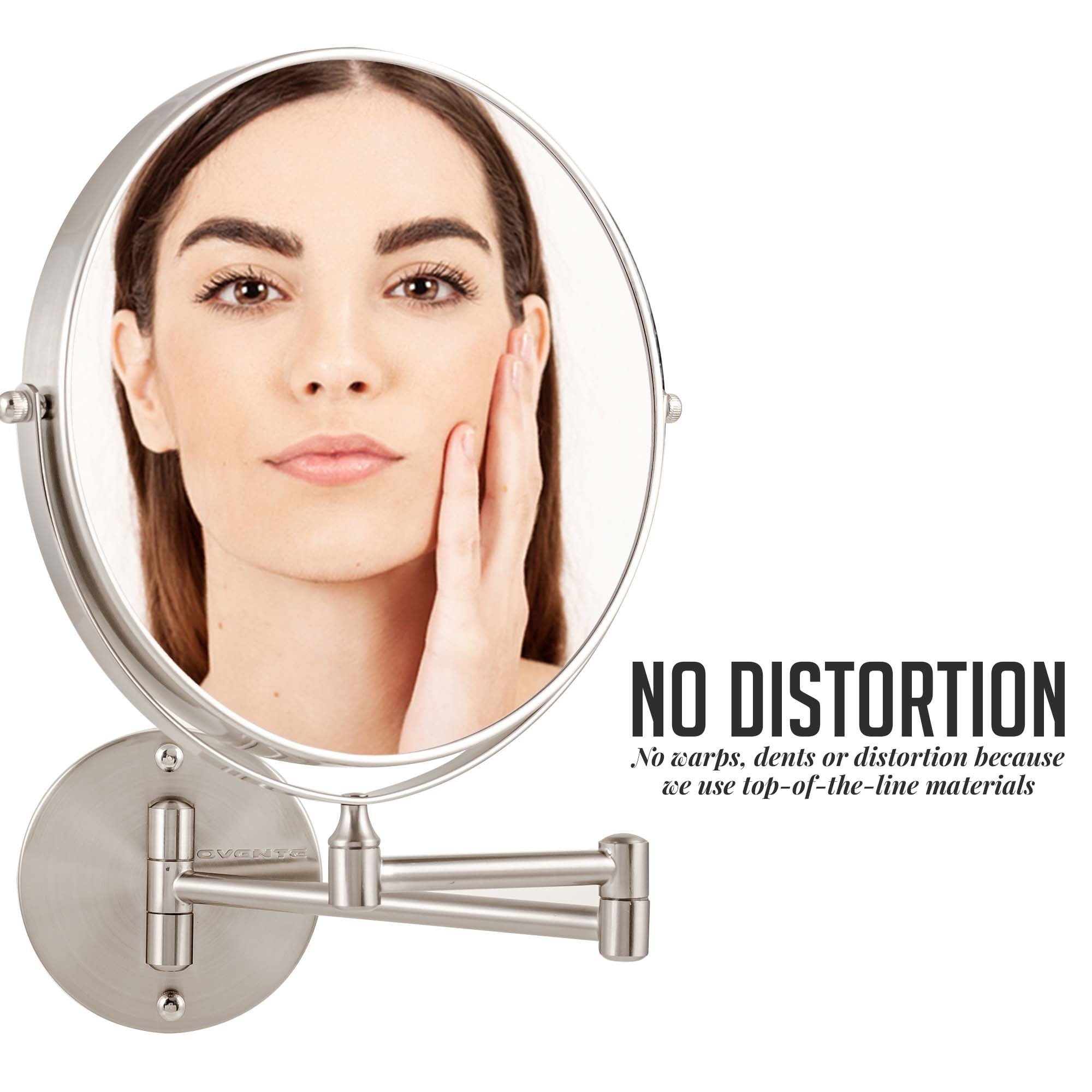 OVENTE 9" Wall Mounted Makeup Mirror with 1X/7X Magnification, Double Sided Magnifying Round Bathroom Vanity Mirror, 360° Swivel Design, Extendable and Folding Arm, Nickel Brushed MNLFW90BR1X7X