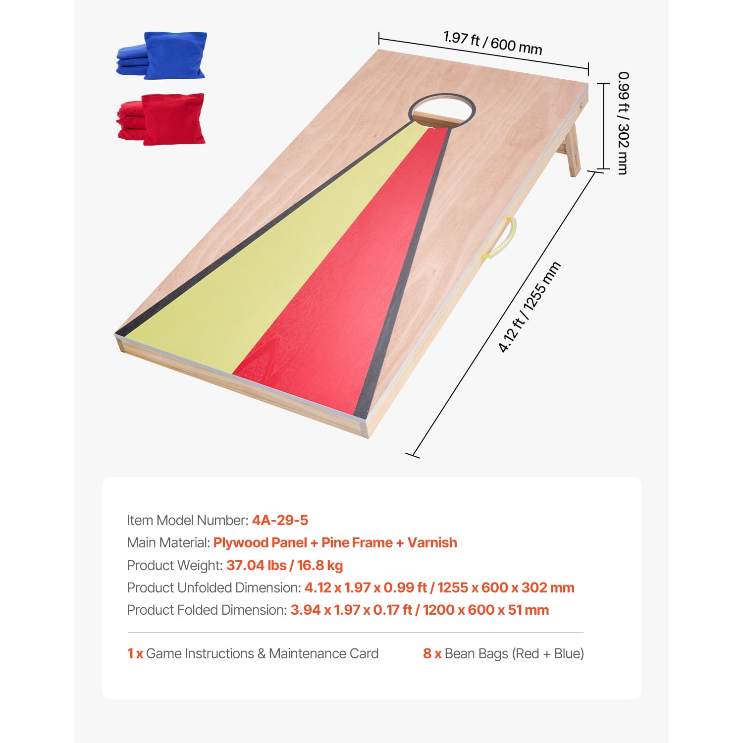 KFFKFF Cornhole Set, 4x2 ft Wooden Toss Game Boards, Portable Design with Handle, Includes 8 Bean Bags, Suitable for Indoor and Outdoor Use in Yard, Backyard, Beach, or Camping