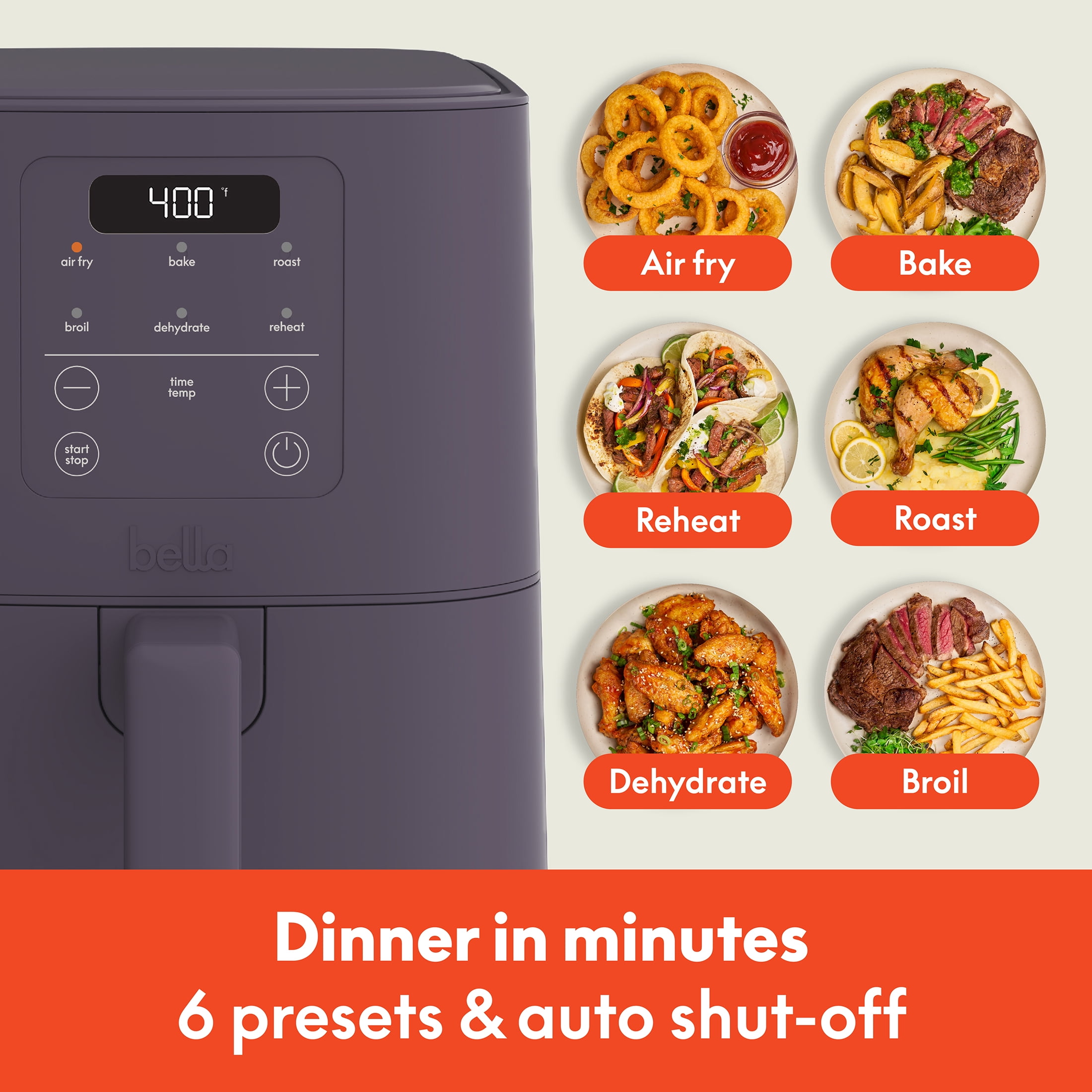 bella 4 Qt Slim Digital Air Fryer with EverGood™ Ceramic Nonstick Coating, 6 Preset Cooking Options, Plum