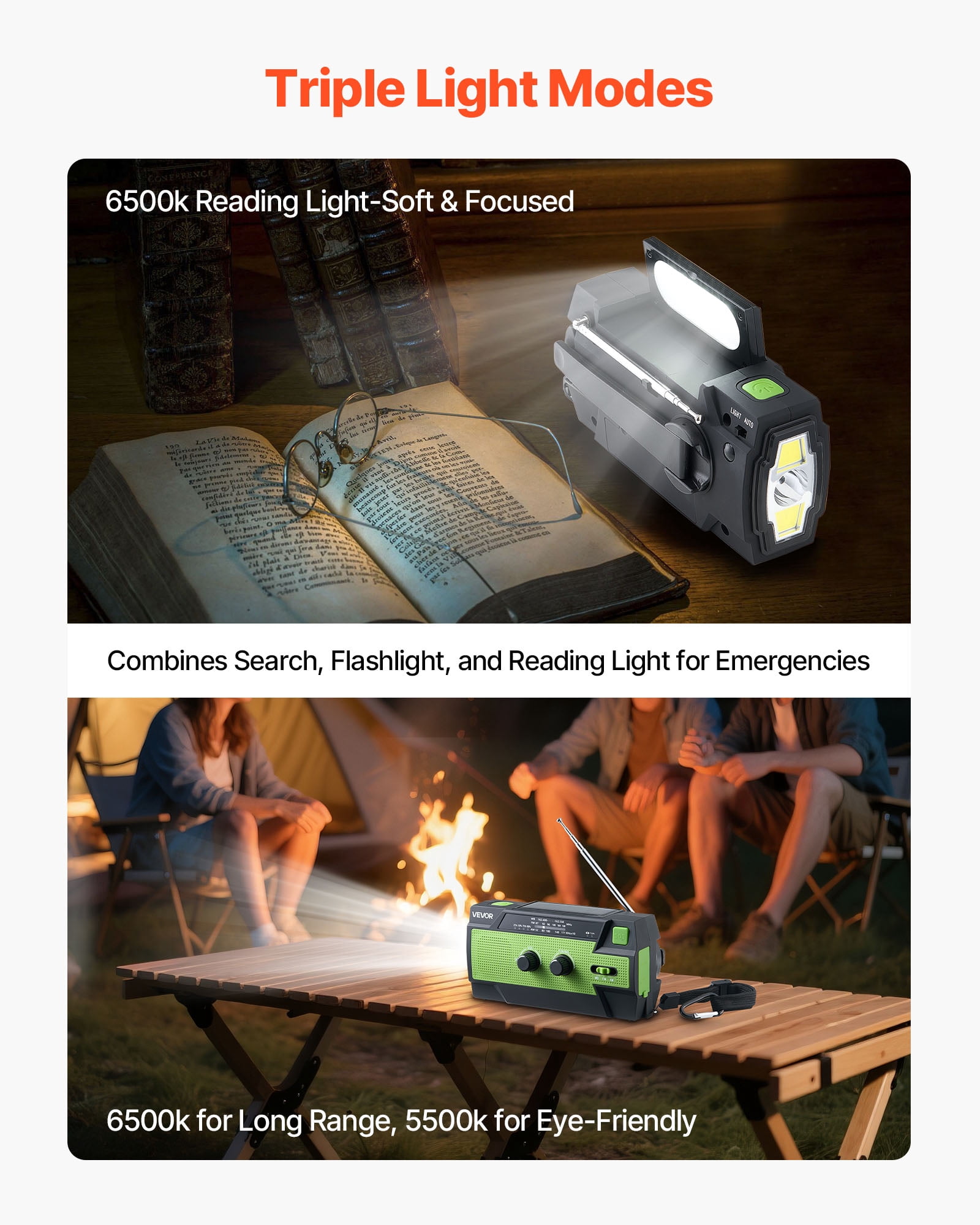 VEVOR Emergency Weather Radio, 4000mAh Battery, FM/AM/WB/NOAA Alert Solar Hand Crank Emergency Radio, with USB Charging Cable, SOS Alarm and Flashlight, Portable for Outdoor Emergencies, Camping