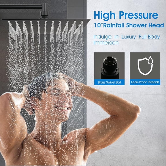 10" Rainfall Shower Head with Handheld Spray, Dual Rain Showerhead with High Pressure 10-Setting Wand Combo, 16" Adjustable Extension Arm Build-in 3-way Diverter, 6ft Hose - Matte Black