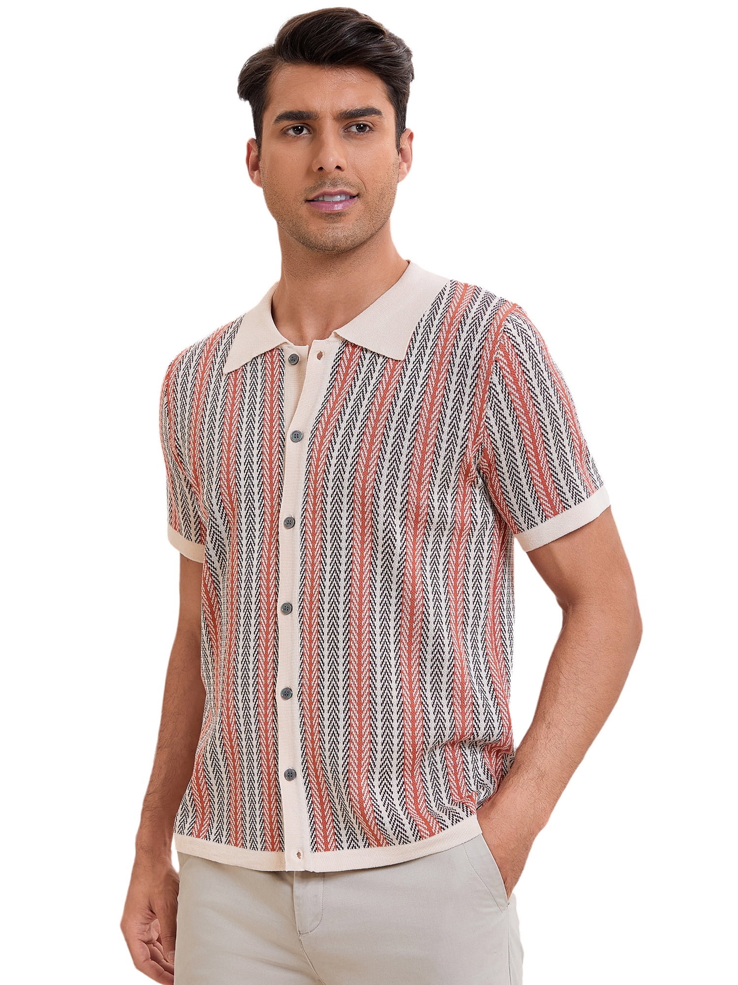 DARING DIVA Men's Striped Short Sleeves Button Down Jacquard Polo Shirts XL Khaki