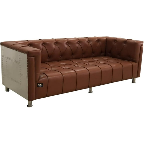 NauticalMart Aviator Three Seater Sofa, Real Leather and Aluminum Living Room Furniture