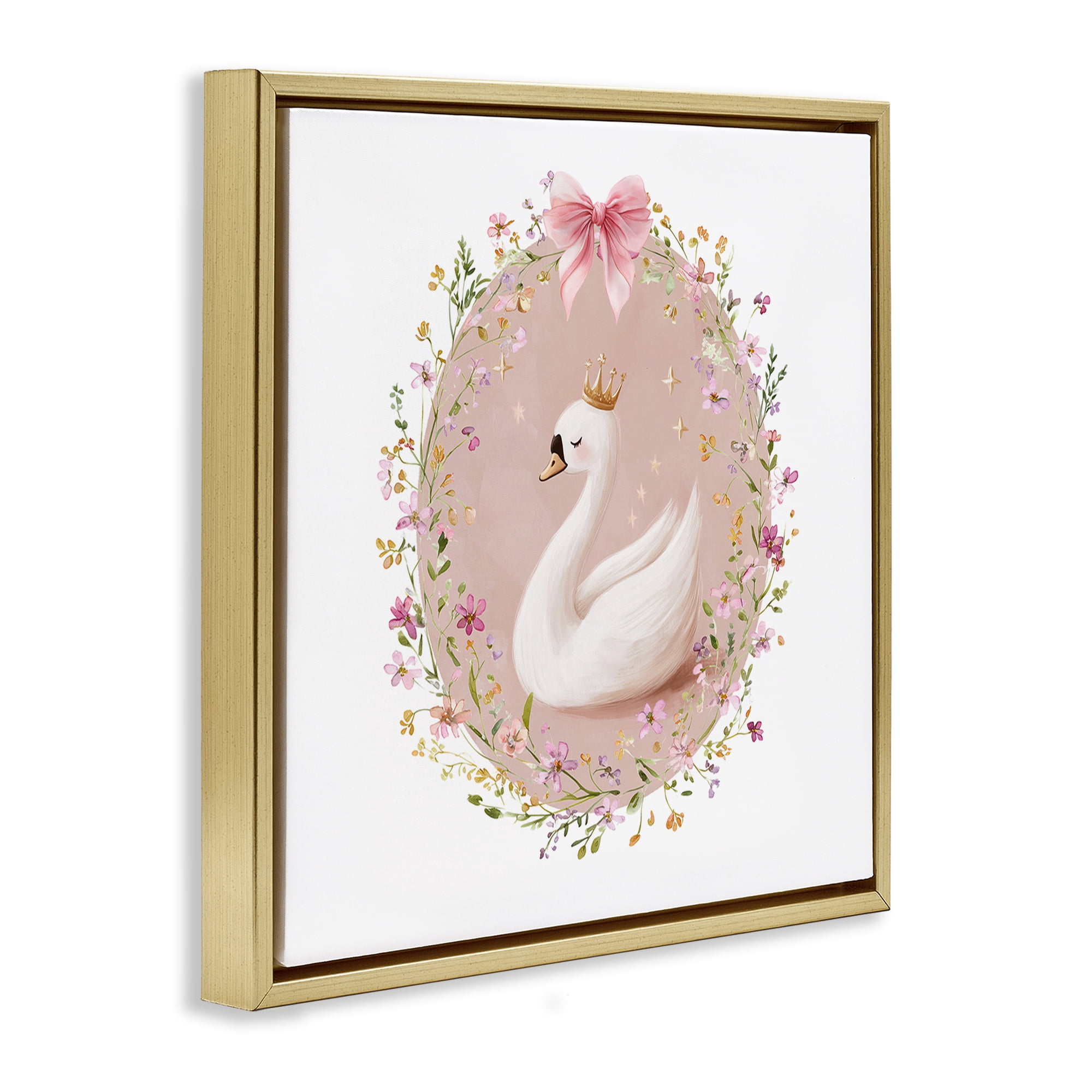 Stupell Industries Queen Swan with Florals Gold Framed Floater Canvas Wall Art, design by Christine Simpson Art