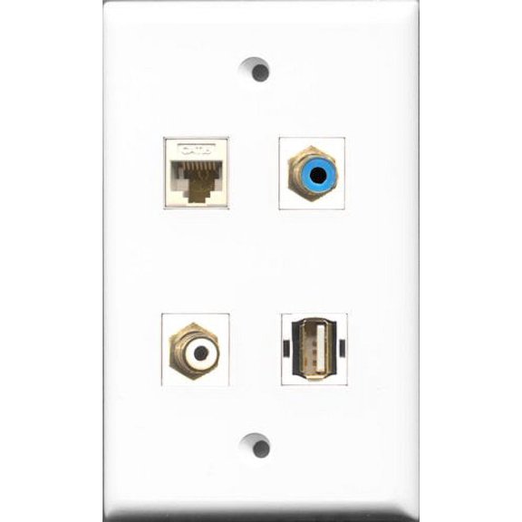 RiteAV 1 Port RCA White and 1 Port RCA Blue and 1 Port USB A-A and 1 Port Cat6 Ethernet White Wall Plate