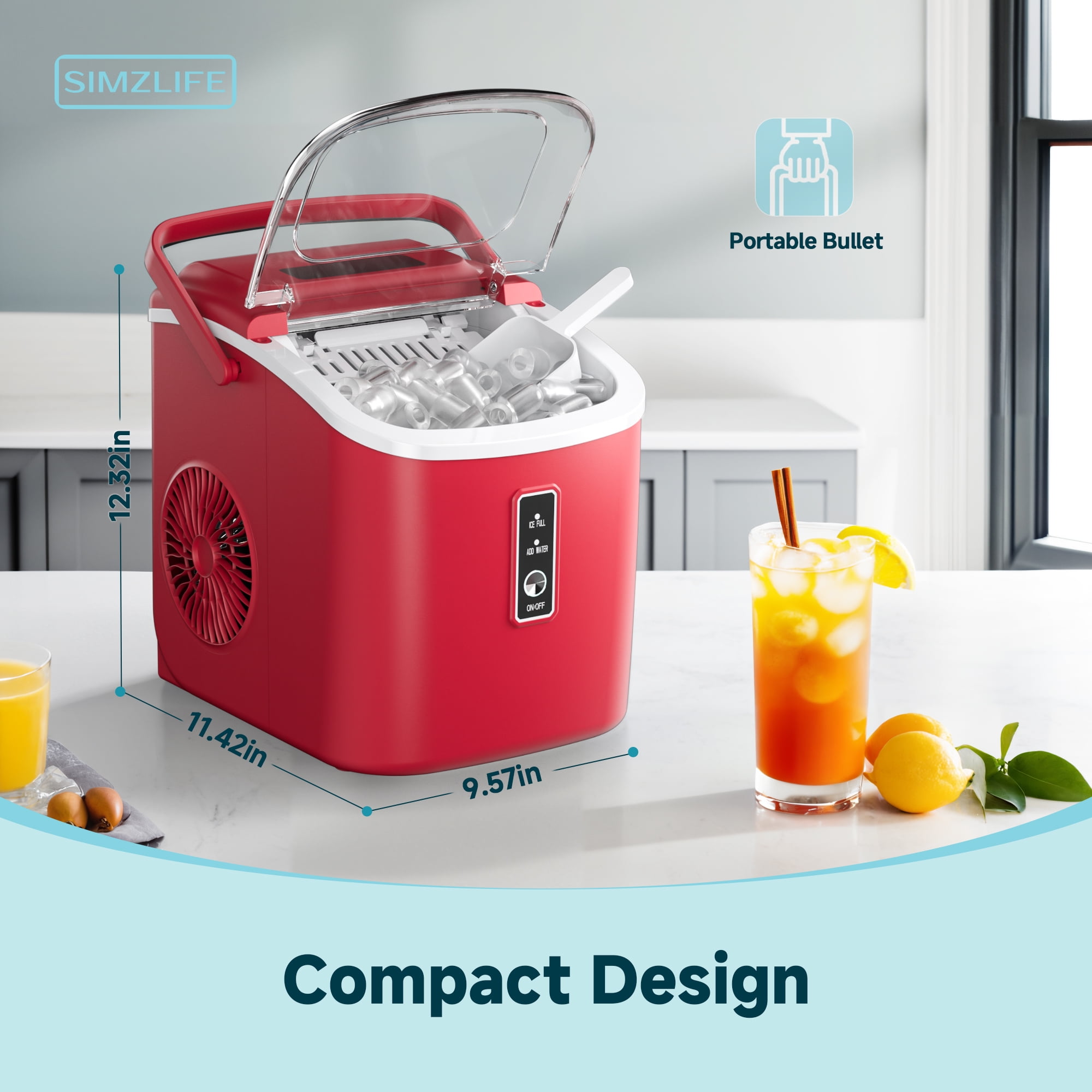 Simzlife Countertop Ice Maker with Handle,Portable Ice Machine with Basket and Scoop, 9 Bullet Ice In 6 Mins, 26Lbs/24H, Self-Cleaning