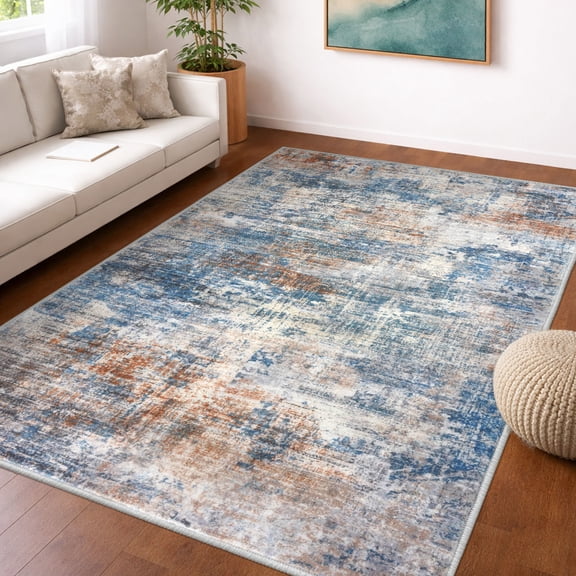 iOhouze Washable Area Rug 5x7 Ft Abstract Rugs for Entryway Non Slip Small Living Room Rugs Printed Faux Wool Throw Rug, Floor Carpet for Kitchen Playroom, Blue/Rust/White