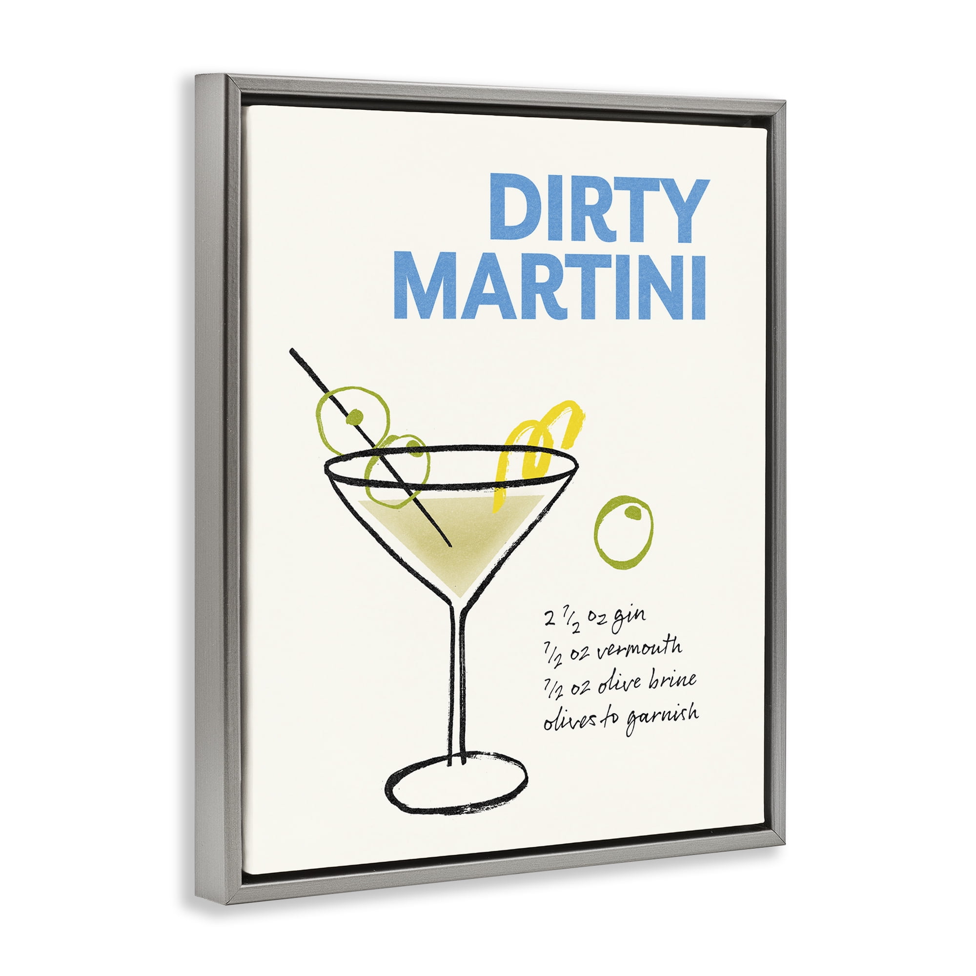 Stupell Industries Dirty Martini Recipe Food & Beverage Painting Gray Floater Framed Art Print Wall Art, 17 x 21