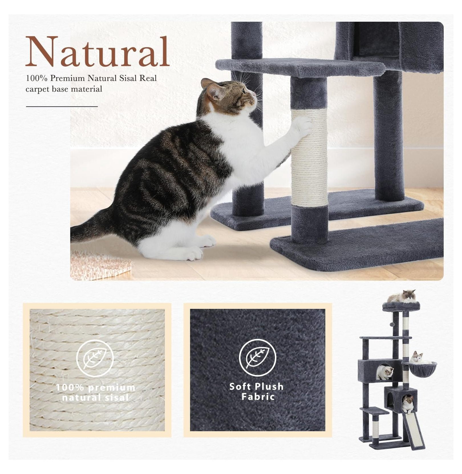 60'' Cat Tree Tower, Large Cat Condo with Scratching Posts & Hammock - Smoky Gray