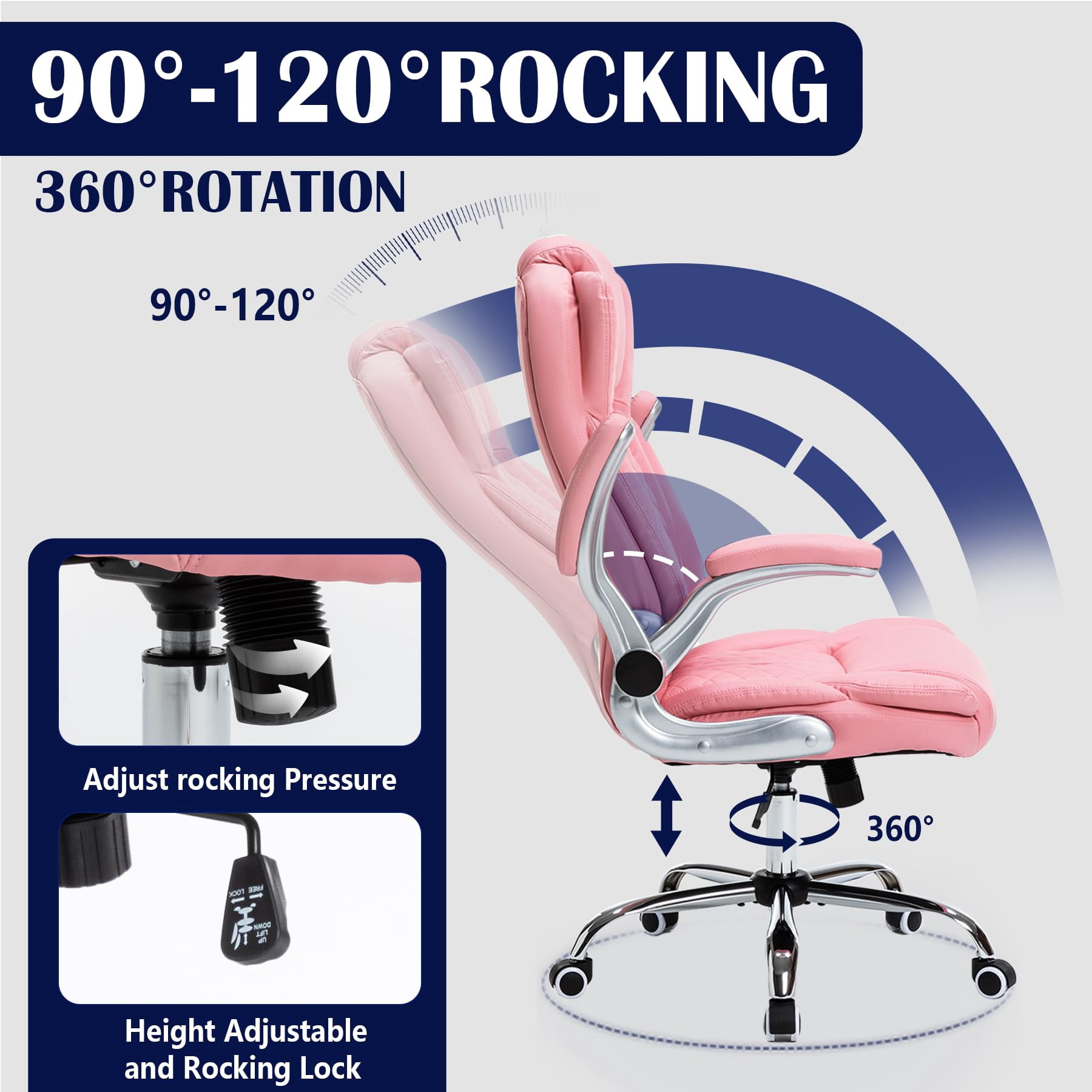 HESL Office Chair with Flip-Up Arms, Big and tall Office Chair with Rocking Mode, Desk Chair, Pink