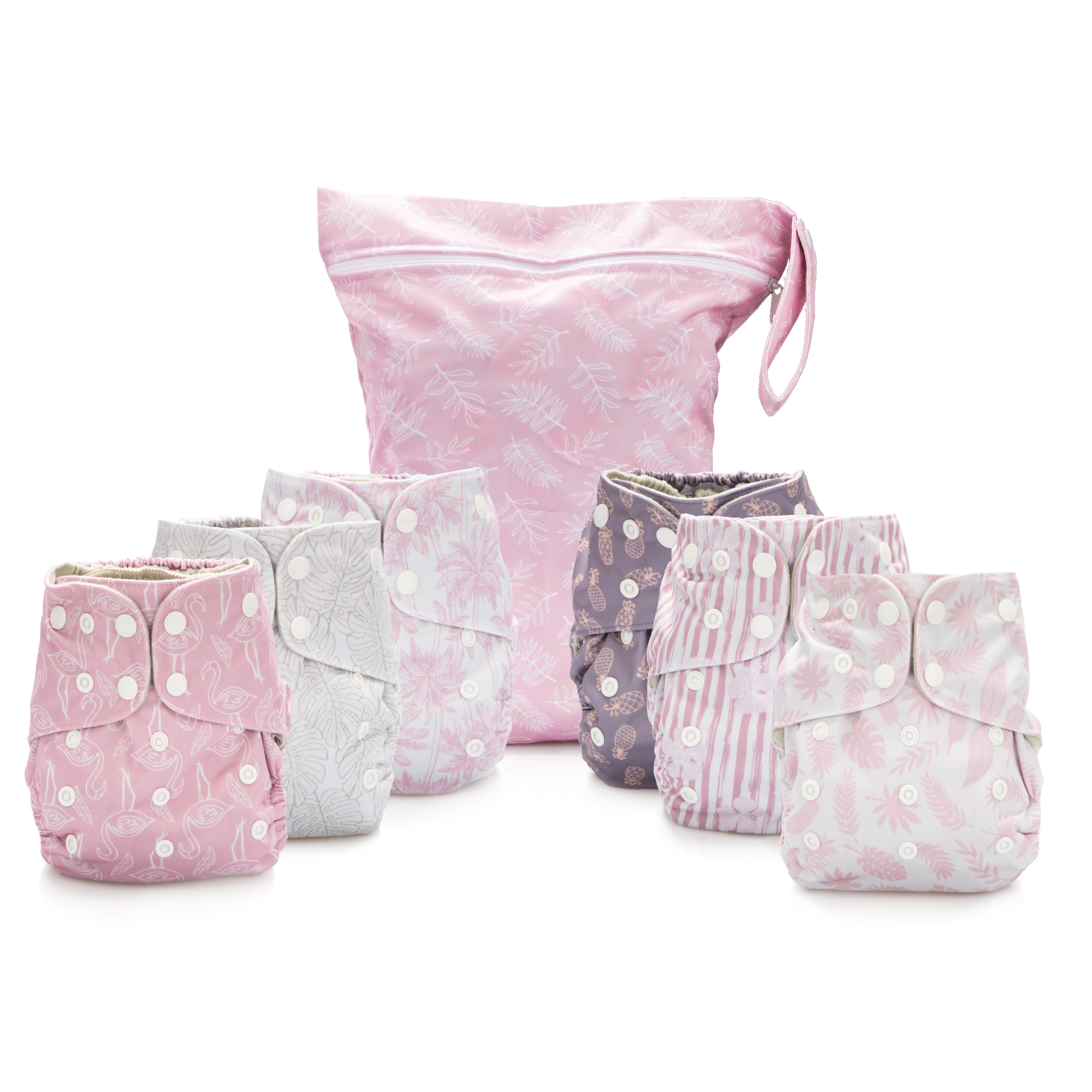 Simple Being Reusable Cloth Diapers Retro Double Gusset-6 Pack Pocket Adjustable Size-Waterproof Cover-6 Inserts-Wet Bag 