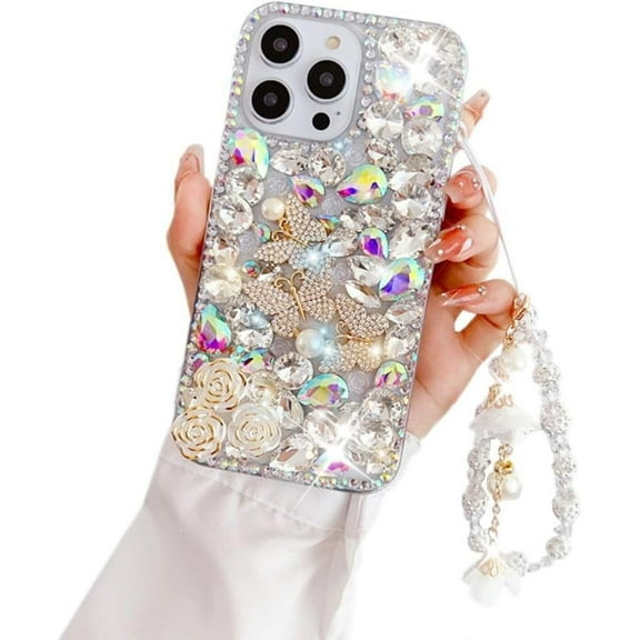 for iPhone 14 Pro Max Bling Diamond Case with Flower Strap,Luxury Bling Diamond Rhinestone Gemstone 3D Butterfly and Rose Flower Gemstone Cover Case for Women Girls