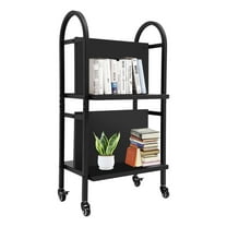 2 Tiers Rolling Book Cart, Home Office Book Cart with 4 Lockable Wheels,Bookcase Cart for Home Shelves,Library Storage Black Rack Rolling Cart