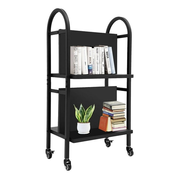 2 Tiers Rolling Book Cart, Home Office Book Cart with 4 Lockable Wheels,Bookcase Cart for Home Shelves,Library Storage Black Rack Rolling Cart