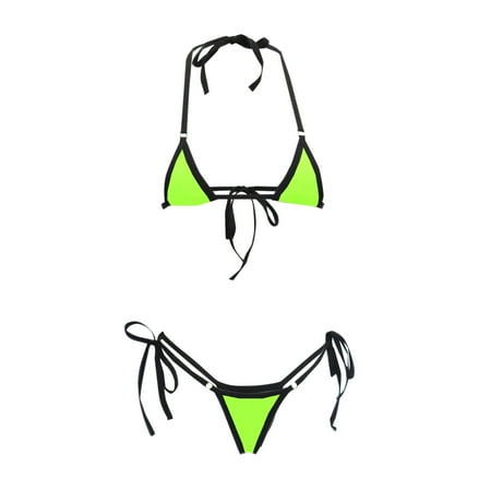 NTACZA Halter Bikinis for Women Plus Size Green Triangle Sling Thong Solid Two-Piece Sets Juniors Swimsuits for Teen Girls