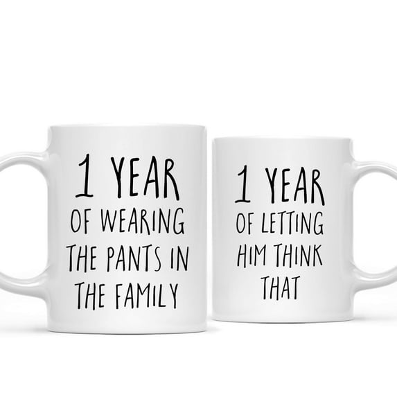 Koyal Wholesale 1st Wedding Anniversary Coffee Mug, 1 Year of Wearing the Pants in the Family, Letting Him Think, 2-Pack