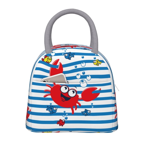 Disketp Red Funny Crab on Blue Stripe Bolsa Térmica para Almuerzo, Lonchera con Abertura Amplia y Gran Capacidad, Organizador Reutilizable para Mujeres, Hombres y Adultos