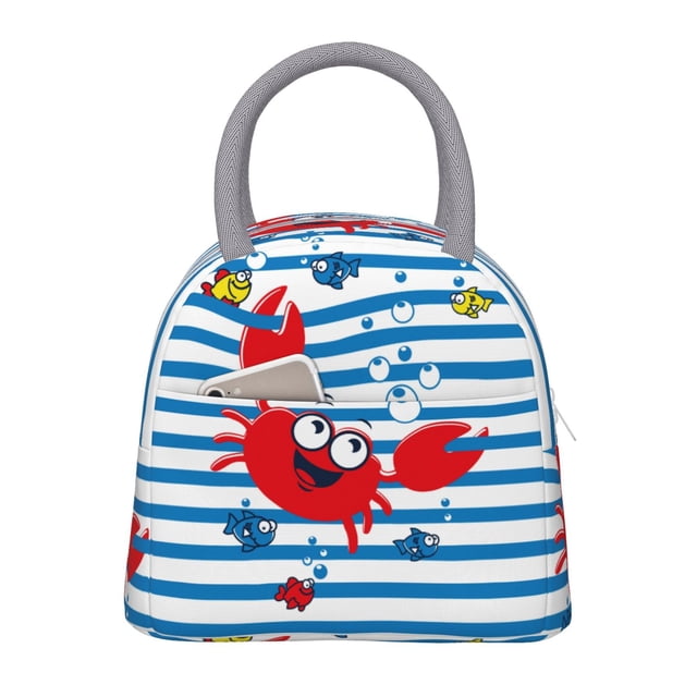 Balery Red Funny Crab on Blue Stripe Bolsa de Almuerzo para Mujeres, Caja de Almuerzo, Bolsa de Almuerzo Pequeña Impermeable, Tote de Almuerzo Reutilizable con Gran Capacidad