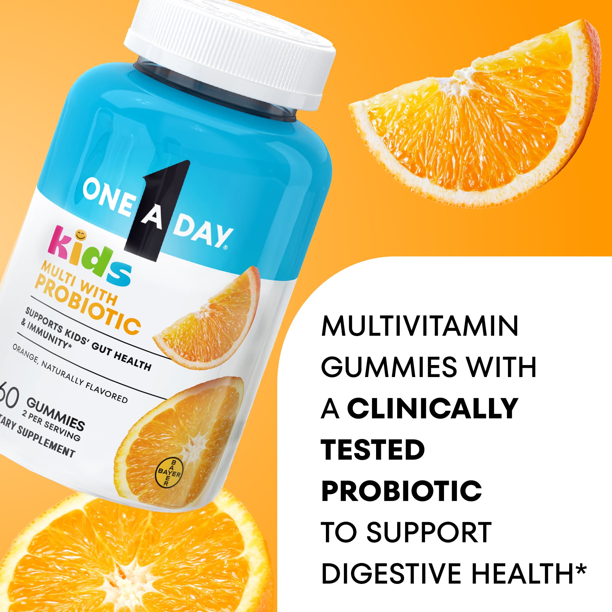 One A Day Kids Multivitamins Gummies with Immune Support, and Probiotics for kids Gut Health, Orange Flavor, 60 Count