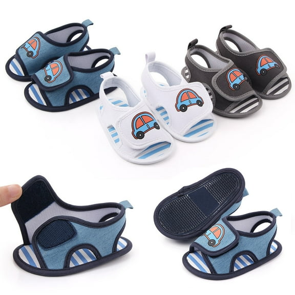 Ludlz Infant Baby Boys Girls Summer Beach Sandals Breathable Athletic Anti-slip Soft Sole Newborn First Walker Crib Shoes Cartoon Vehicle Sandals Baby Soft Magic Tape Prewalker Flat Shoes