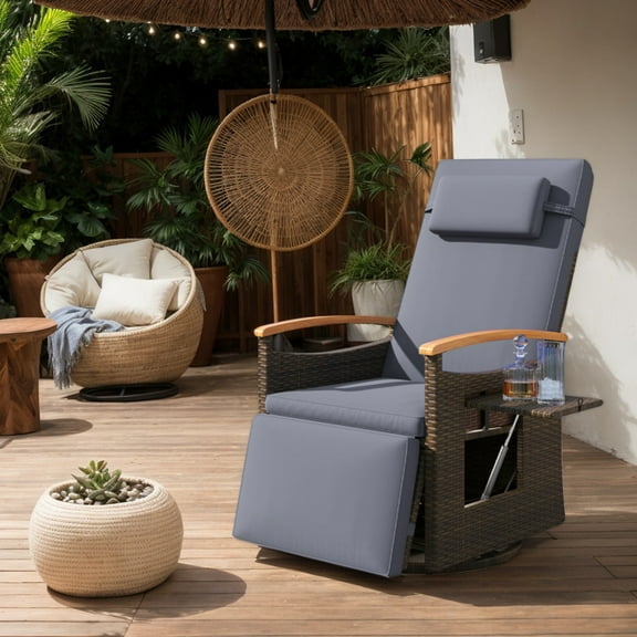 Yardi Yarda Patio Rattan 360° Swivel Recliner Chair, Recliner Chair with Adjustable Backrest and Footrest for Outdoor as Yard, Gray