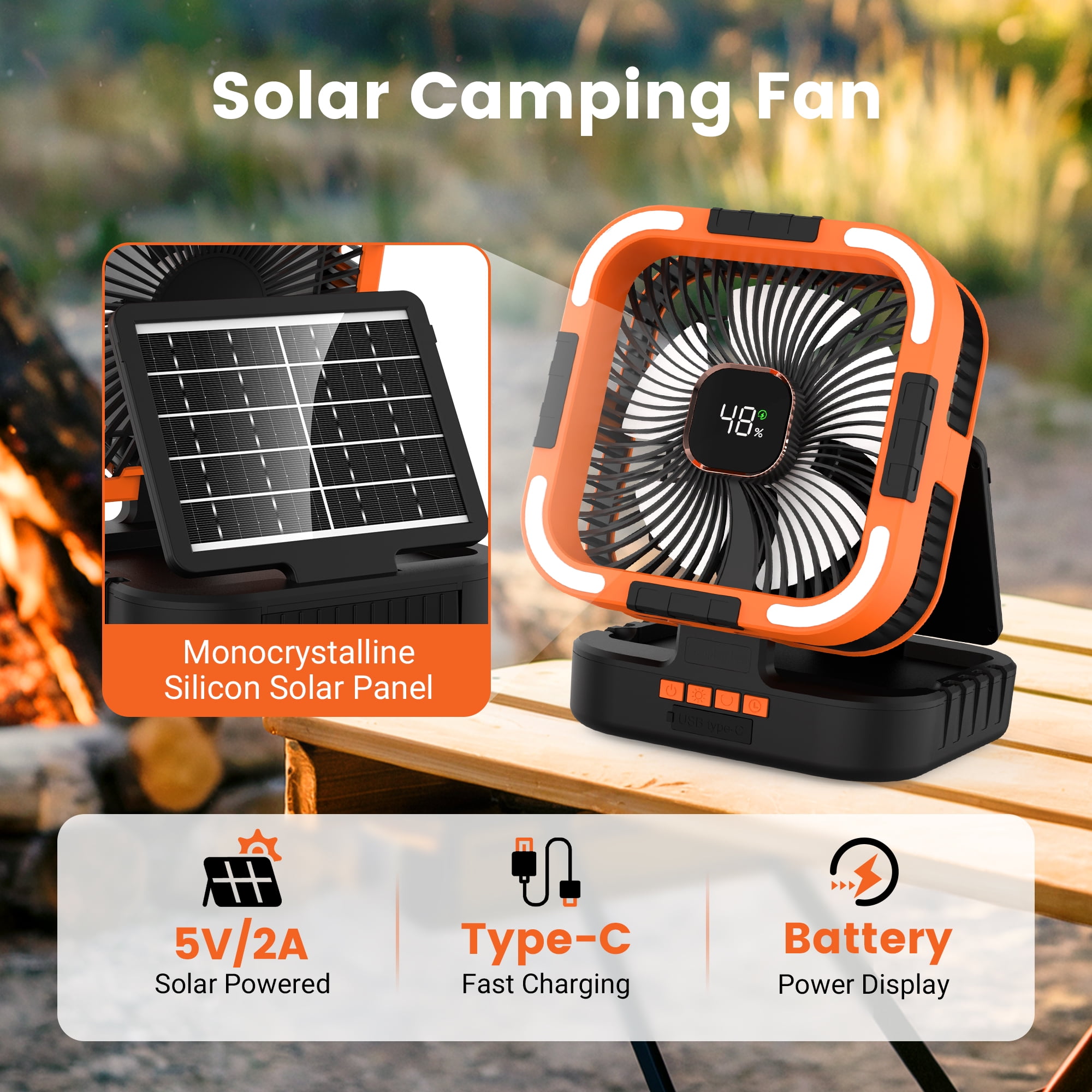 Solar Fan, 10000mAh Rechargeable Camping Fan Battery Portable Fans with LED Light, 6 Speeds Powerful Wind and 6H Timer Oscillating Tent Fan for Picnic, Fishing