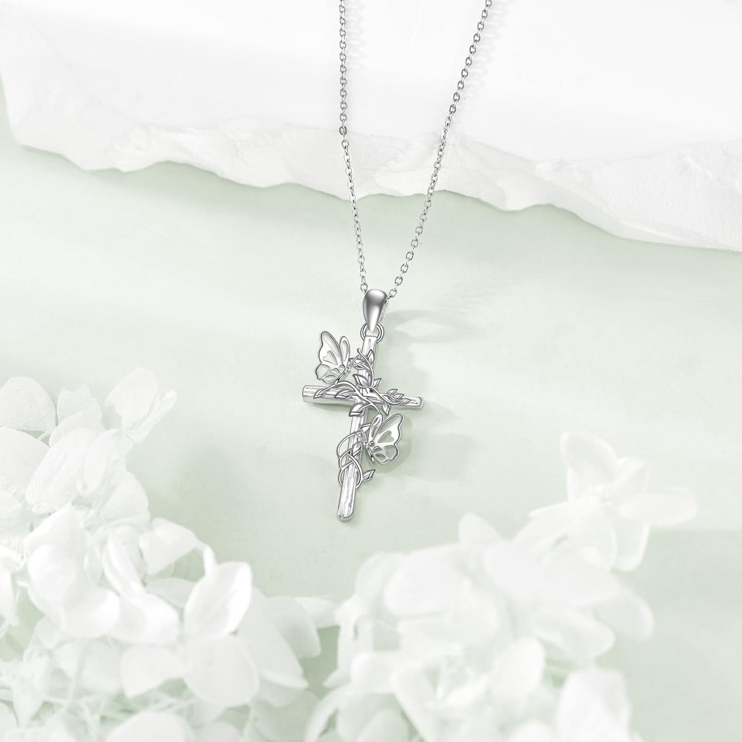 Cross Necklace 925 Sterling Silver Turquoise/Mustard Seed/Butterfly/Mushroom/Holy Spirit/Star of David Necklace Jewelry Gifts for Women