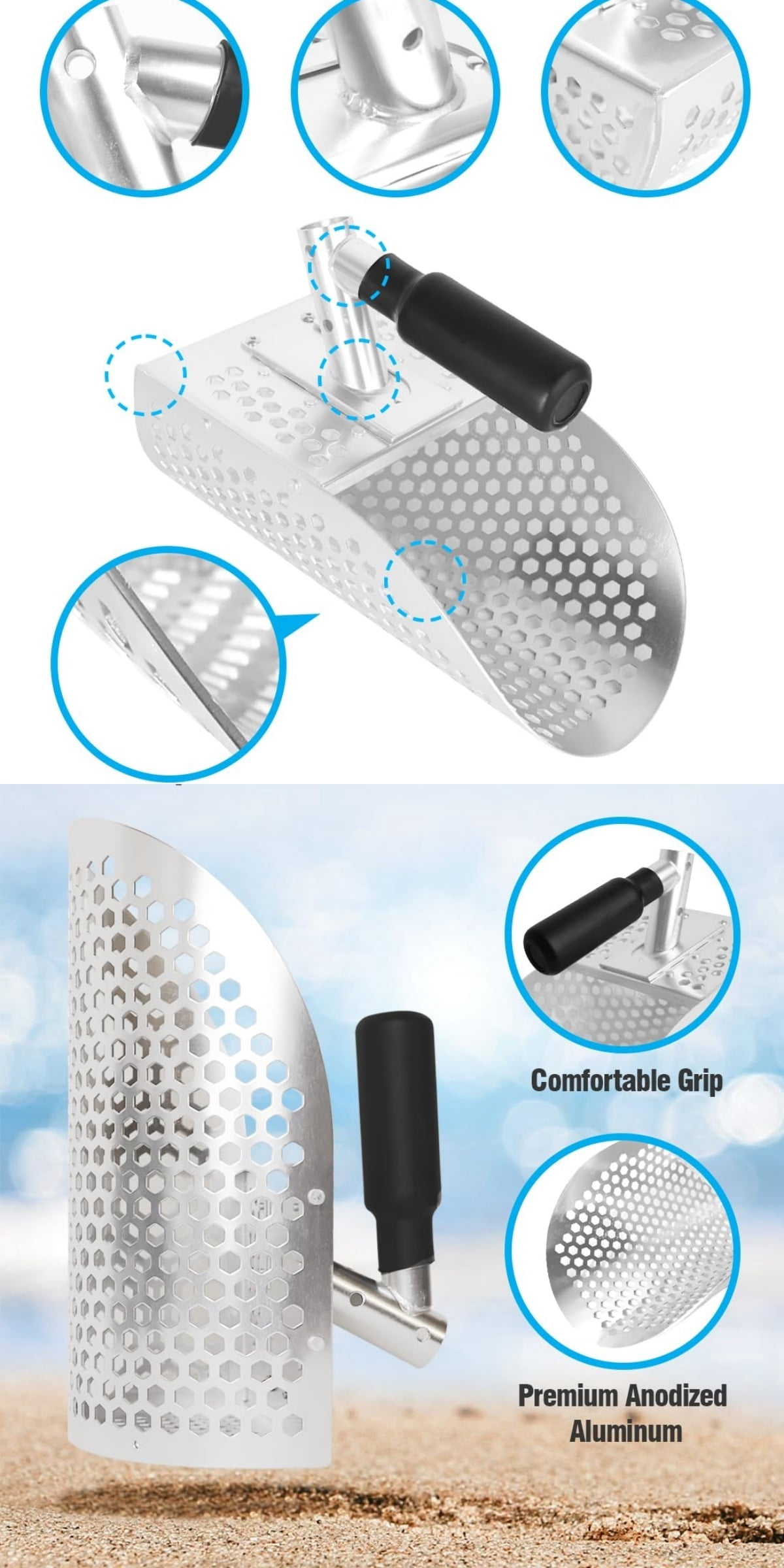 Sand Scoop for Metal Detecting, Heavy Duty Anodized Aluminum Metal Detector Beach Finds Scoop, Digging Sifting Shovel