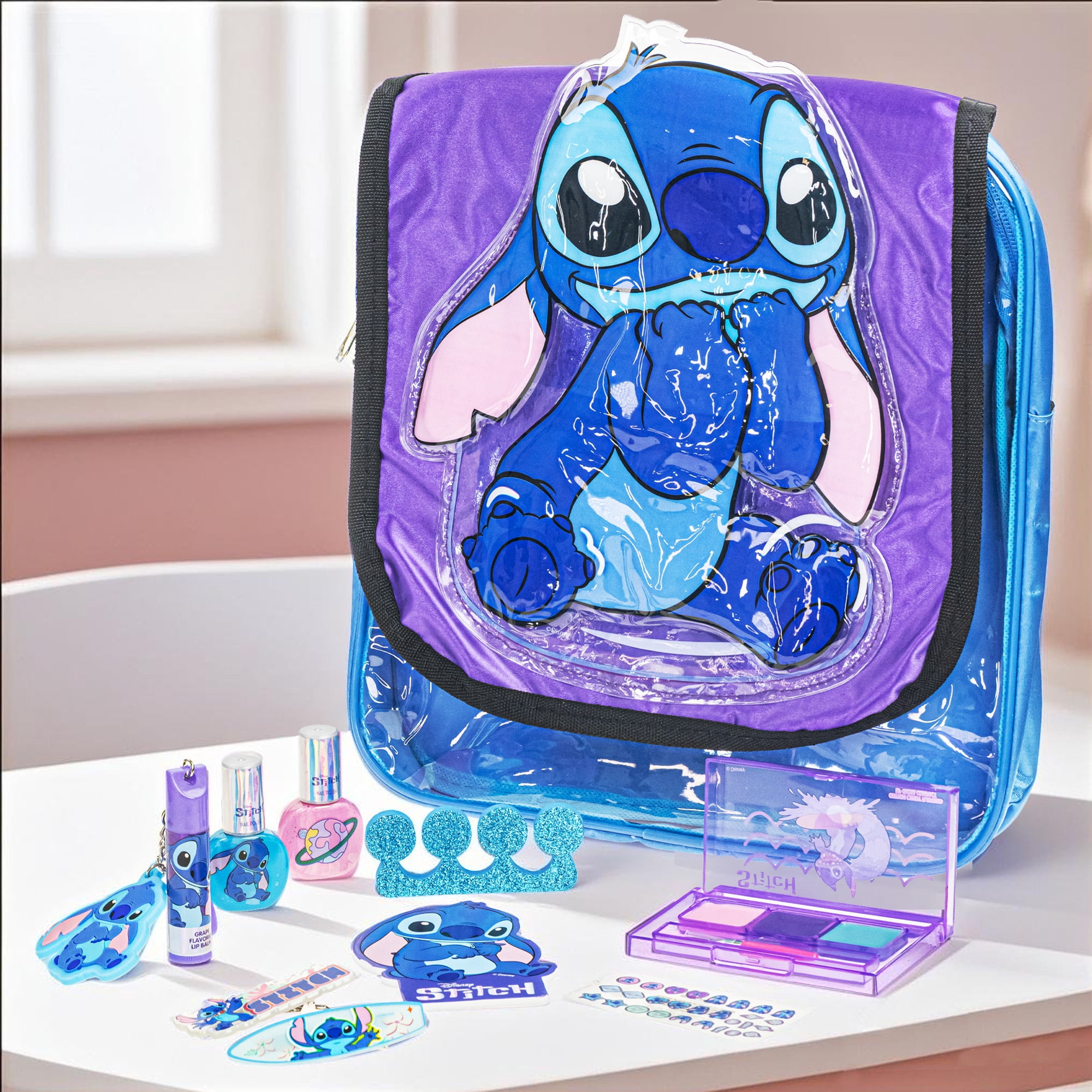 Disney Stitch Cosmetic Shoulder Bag, Makeup Filled Bag, Includes Lip, Nail, Hair Accessories, for Kids Ages 3+, 11 Pc