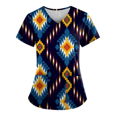 

Sksloeg Womens Scrub Tops Fashion Breathable Vintage Graphics Printed Workwear Short Sleeve V-Neck Shirts Tee Tops with Pockets Blue XXL