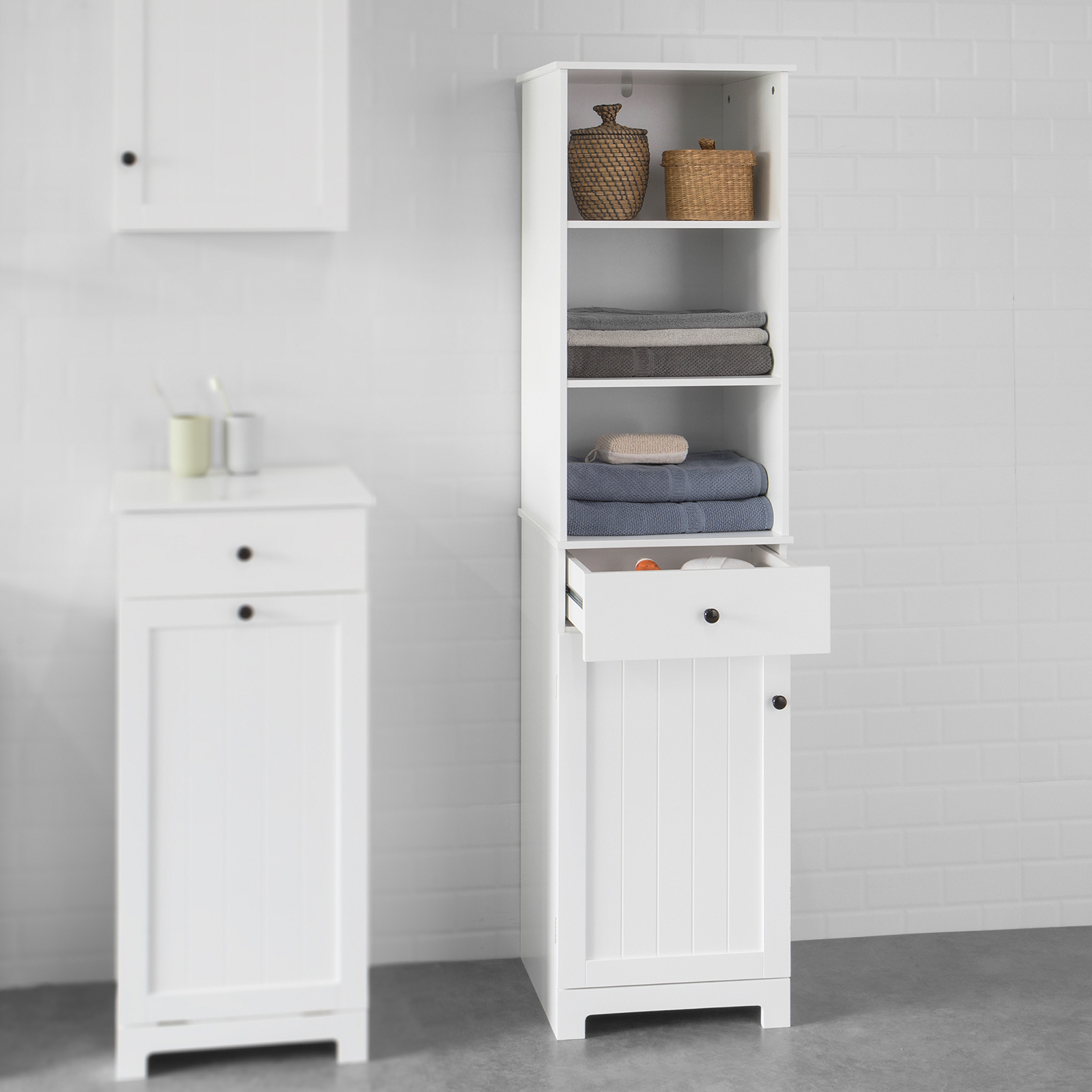 Haotian White Floor Standing Tall Bathroom Storage Cabinet with Shelves and Drawers,Linen Tower Bath Cabinet, Cabinet with Shelf