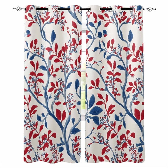 Fsddascl Red Blue Leaf Blackout Curtains for Bedroom/Living Room, Thermal Insulated Kitchen Curtains, Summer Vintage Botanical Branch Grommet Darkening Window Treatment Drapes 52"x72"x2