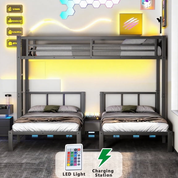 Mirightone Metal Triple Bunk Bed for 3, Gaming Bunk Bed with LED & Charging Station, Detachable Bunk Bed Frame, Can Be Separated into 1 Twin XL Bed, 2 Twin Beds (Twin XL over Twin Twin)