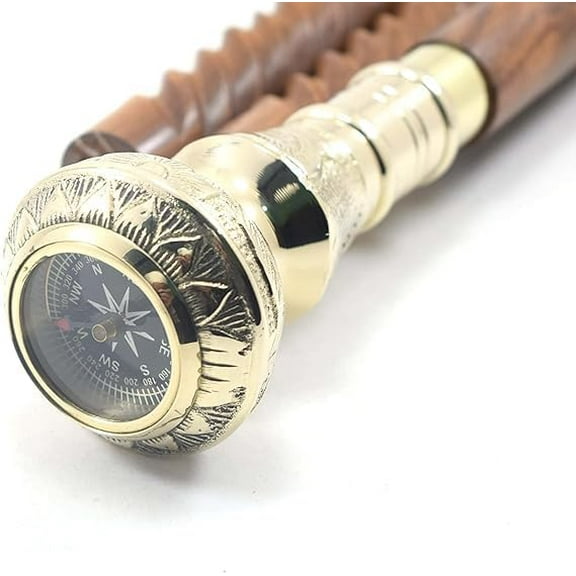 “Victorian Brass Handle Compass Walking Cane – 35 Inch Foldable Wooden Rope Style Antique Stick”