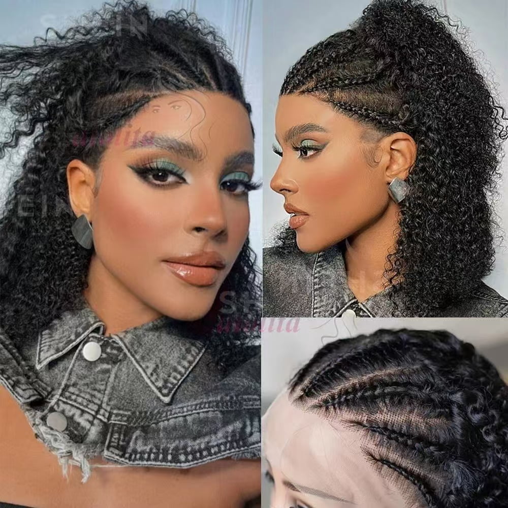 Braided Wigs Human Hair Bob Curly Hair Wig13x4 Lace Frontal Wigs Cornrow Braided Short Wigs for Black Women Glueless Curly Lace Front Wigs （10 inch） (Black)
