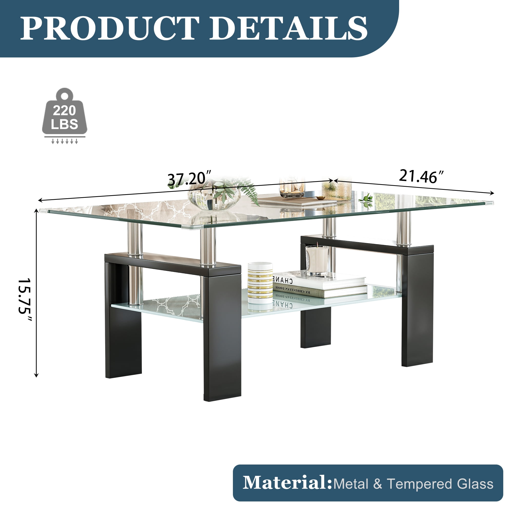 Rectangle Glass Coffee Table, 37.2"  2-Tier Modern Tea Table with Storage Shelf for Living Room