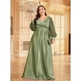thumbnail image 2 of AURA Plus Size Satin V Neck Evening Gown Long Sleeve Formal Dress Elegant Maxi, 2 of 6