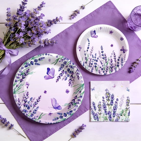 Lavender Garden Butterfly Themed Disposable Dinnerware Set - Romantic Watercolor Design Party Supplies for Outdoor Gatherings