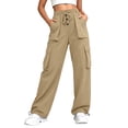 thumbnail image 5 of Womens High Waisted Cargo Pants Loose Fit Straight Leg Y2K Parachute Pants with Pockets for Hiking Streetwear Summer Fall,Beige,L, 5 of 8