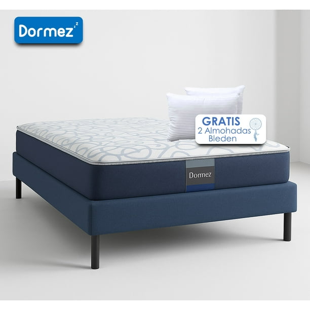 Blue Paquete - Ortopédico Colchón Individual con Base Box Blue Tapizado Linato+ 2 Almohadas Hipoalergénicas
