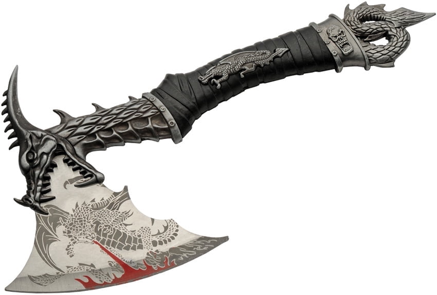 SZCO 14.5" Dragon Hatchet, Stainless Steel Graphic Blade with Dragon Handle, Collectible Display Axe for Home Decor with Wooden Stand