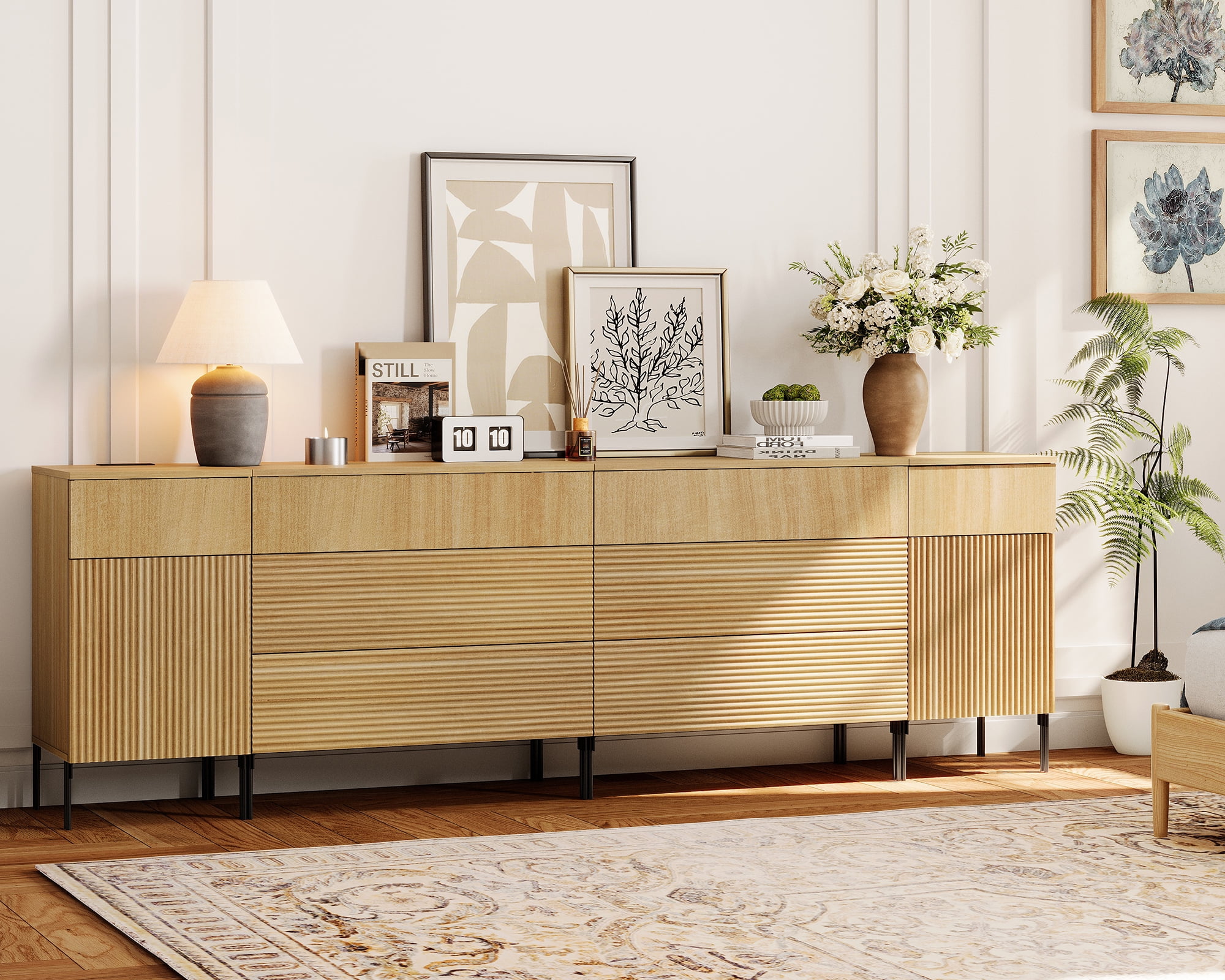 WAMPAT 94.5" 4-in-1 Fluted Dresser for Bedroom with Charging Station, Modern Wooden Chest of Drawers with Hidden Handles & 8 Drawers, Extra Long Dresser TV Stand Closet Storage Organizer, Oak