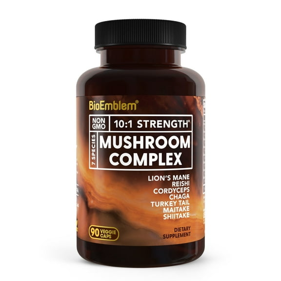 BioEmblem Mushroom Complex - 10:1 Strength and 7 Species - Lions Mane, Reishi, Cordyceps, Chaga, Maitake, Shiitake Mushroom Supplement - Immunity, Energy & Focus, Brain - Non-GMO, Vegan - 90 Caps