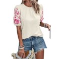 thumbnail image 3 of Women Floral Embroidered Textured Tops Crewneck Puff Short Sleeve Casual Loose Solid Embroidery Blouses Shirts L, 3 of 9