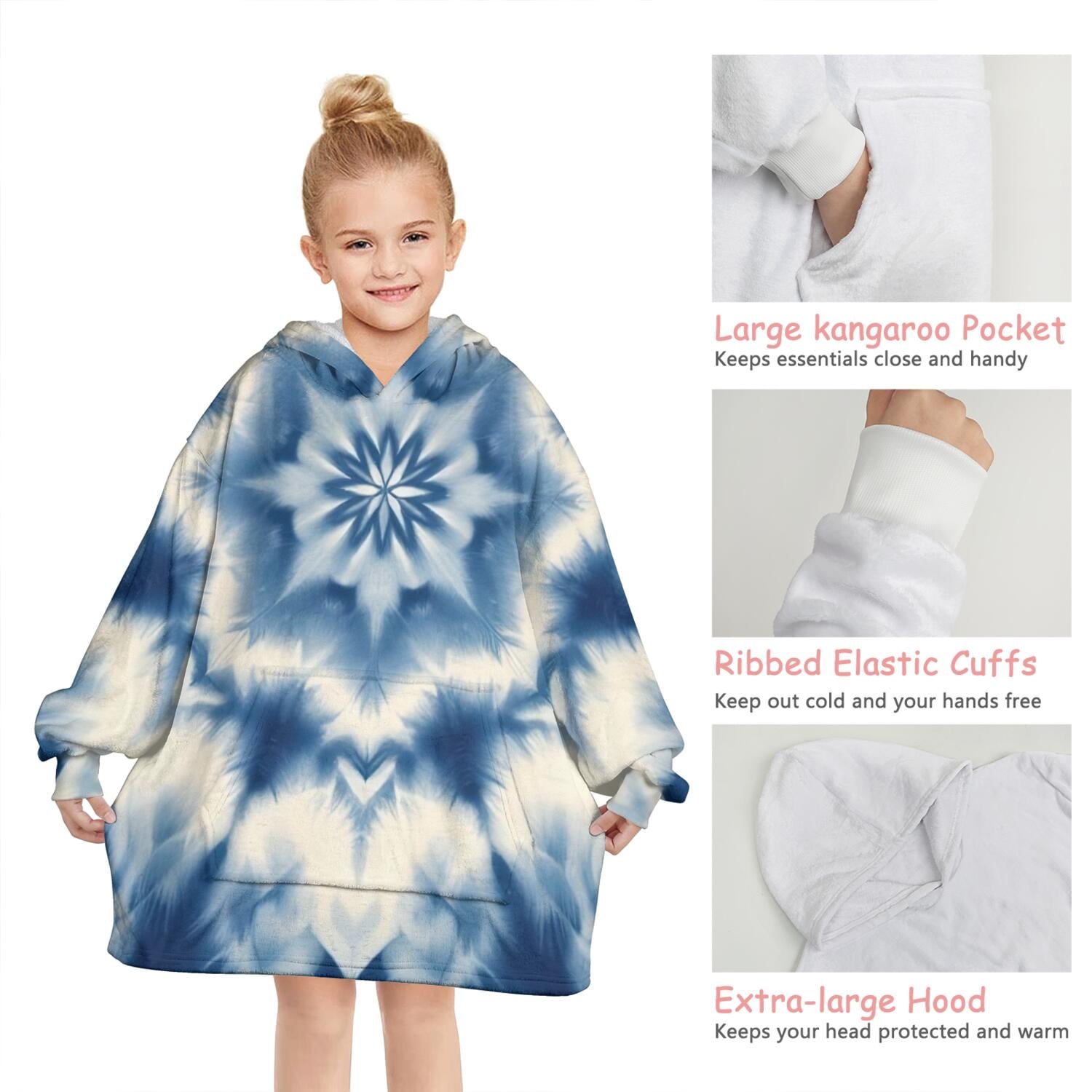 Indigo Tie Dye Star Blanket Hoodies for Kids 6-13YR Oversize Wearable Blanket Hoodies for Boys Girls Teens